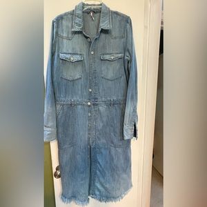 Free People Denim Shirt Dress Frayed Bottom Distressed Light Blue